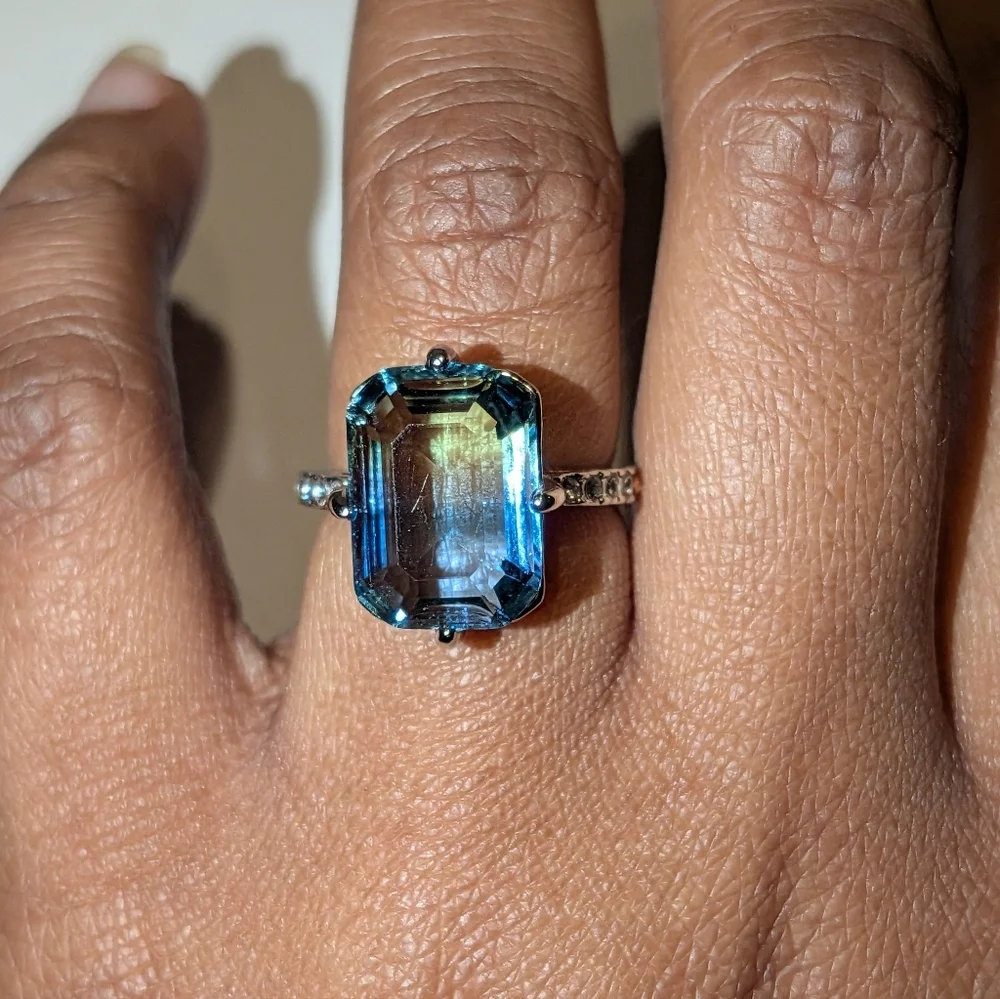 Blue/Green Tourmaline Ring, 14K White Gold Plated Double Color Gemstone Sz 6